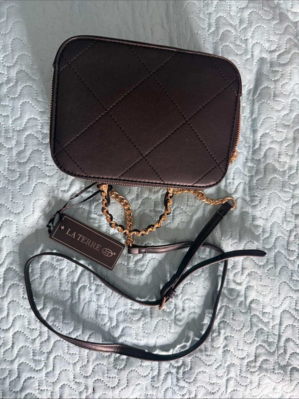 LA TERRE Quilted Dark Black Crossbody Bag with Gold Chain